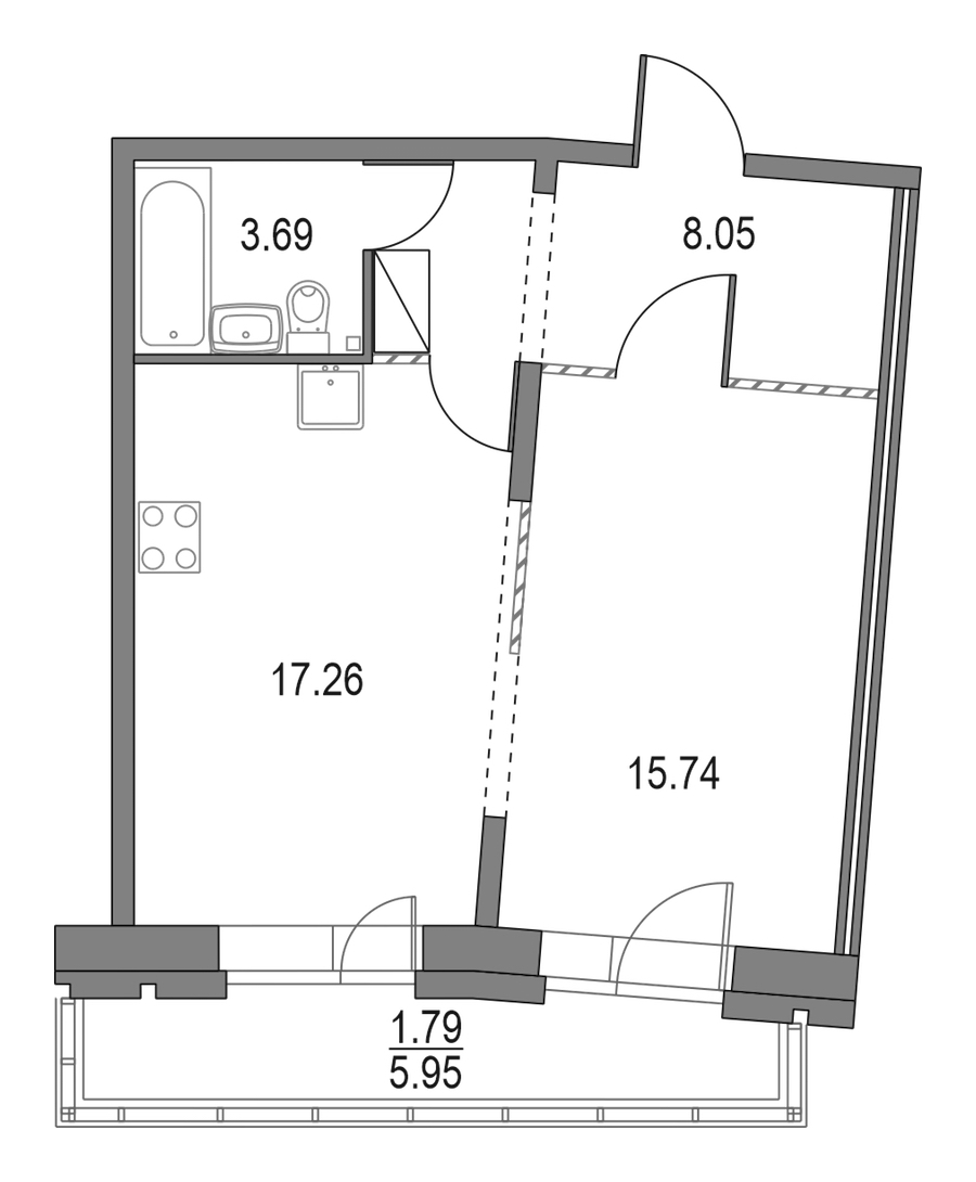 1-комнатная квартира 44.74 м², 3/17 эт., ЖК «Приморский квартал»